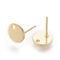 Golden 304 Stainless Steel Stud Earring Findings, with Flat Plate, Flat Round, Golden, 8x0.8mm, Hole: 1.5mm, Pin: 0.9mm