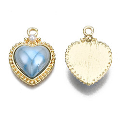 Light Sky Blue Rack Plating Alloy Pendants, with Porcelain and ABS Plastic Imitation Pearl, Long-Lasting Plated, Golden, Cadmium Free & Lead Free, Heart, Light Sky Blue, 16x22x6mm, Hole: 2mm