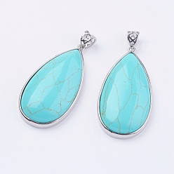 Synthetic Turquoise Synthetic Turquoise Big Pendants, with Platinum Tone Brass Findings, Lead Free & Nickel Free, Teardrop, 50x26x9mm, Hole: 5x6mm