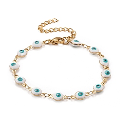 White Enamel Oval with Evil Eye Link Chains Bracelet, Vacuum Plating 304 Stainless Steel Jewelry for Women, Golden, White, 6-1/2 inch(16.5cm)