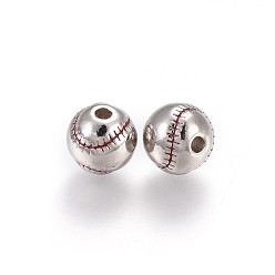 Real Platinum Plated Brass Enamel Beads, Sports Beads, Long-Lasting Plated, Baseball, Real Platinum Plated, 9.3x9mm, Hole: 2.1mm