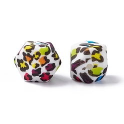 Coloré Perles de silicone, Diy soins infirmiers colliers faisant, hexagone avec motif imprimé léopard, colorées, 14x14x14mm, Trou: 2mm