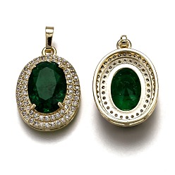 Green Golden Plated Brass Micro Pave Clear Cubic Zirconia Pendants, with Glass, with Snap on Bails, Long-Lasting Plated, Oval, Green, 22.5x16x7mm, Hole: 3x5mm