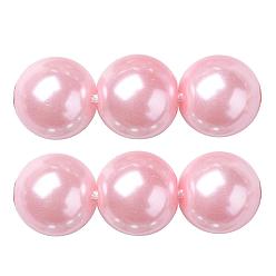 Pink Eco-Friendly Glass Pearl Beads Strands, Grade A, Round, Dyed, Cotton Cord Threaded, Pink, 14mm, Hole: 1.2~1.5mm, about 30pcs/strand, 15.7 inch