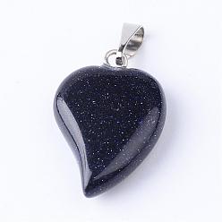 Blue Goldstone Synthetic Blue Goldstone Pendants with Brass Findings, Heart, 21~23x14~15x5~6mm, Hole: 2x6mm