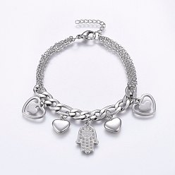 Stainless Steel Color 304 Stainless Steel Charm Bracelets, with Lobster Claw Clasps, Hamsa Hand/Hand of Miriam with Heart, Stainless Steel Color, 7-1/2 inch(19cm), 4~7.5mm