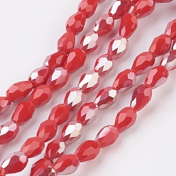 Rainbow Plated Electroplate Imitation Jade Glass Beads Strands, Half Plated, Faceted, teardrop, Red, Rainbow Plated, 4.5x3mm, Hole: 1mm, about 100pcs/strand, 17.3 inch