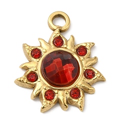 FireBrick Real 18K Gold Plated 304 Stainless Steel Pendants, with Glass, Sun Charms, FireBrick, 24.5x20.5x5~6mm, Hole: 2.5mm