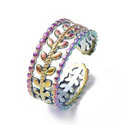 Rainbow Color Chapado en iones (ip) 304 anillo de puño abierto de rama frondosa de acero inoxidable para mujer, color del arco iris, diámetro interior: 17 mm