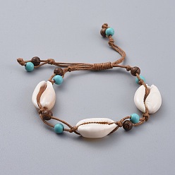 Deep Sky Blue Adjustable Waxed Cotton Cord Braided Bead Bracelet, with Synthetic Turquoise(Dyed) Beads, Cowrie Shell and Wood Beads, Deep Sky Blue, 1-1/8 inch~3-3/8 inch(3~8.6cm)