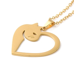Golden 304 Stainless Steel Pendant Necklaces, Hollow Heart with Cat, Golden, 17.72 inch(45cm)