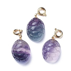 Golden Carved Natural Fluorite Pendants, with Brass Spring Ring Clasps, Long-Lasting Plated, Tortoise Shell Shape, Golden, 26.5mm, Pendant: 19x12.5x8mm