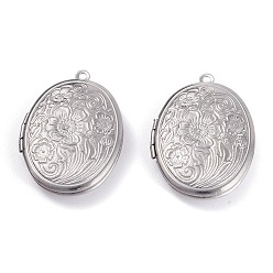 Stainless Steel Color 316 Stainless Steel Locket Pendants, Photo Frame Charms, Oval with Sakura, Stainless Steel Color, 33.5x23.5x6mm, Hole: 1.8mm, Inner Diameter: 23x16mm