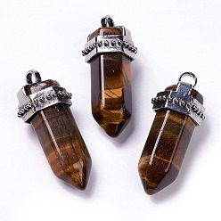 Tiger Eye Natural Tiger Eye Big Pendants, with Antique Silver Plated Alloy Findings, Cone, 53x21x21mm, Hole: 5mm