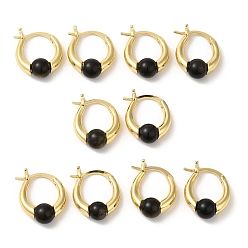 Obsidian Natural Obsidian Round Beaded Hoop Earrings, Real 18K Gold Plated Brass Jewelry, Cadmium Free & Lead Free, 19x15x6.5mm