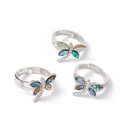 Dragonfly Natural Paua Shell Adjustable Rings, Brass Jewelry for Women, Platinum, Cadmium Free & Lead Free, Dragonfly Pattern, Ring Surface: 19x15mm, US Size 7 3/4(17.9mm)