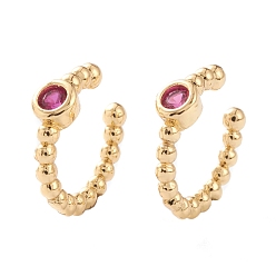 Fuchsia Brass Micro Pave Cubic Zirconia Cuff Earrings, Long-Lasting Plated, Real 18K Gold Plated, Fuchsia, 12x11.5x2~3mm