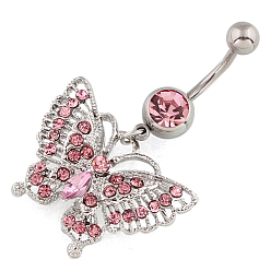 Pink Butterfly Rhinestone Charm Belly Ring, Navel Ring, Piercing Jewelry for Women, Pink, 45x27mm, Pin: 1.6mm, Head: 5mm