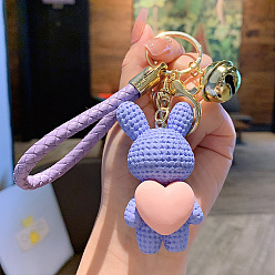 Medium Slate Blue Rabbit with Heart Resin Keychain, with Alloy Findings and Bell, Medium Slate Blue, 7x3.5cm
