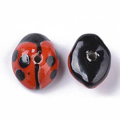 Red Handmade Porcelain Beads, Famille Rose Style, Ladybug, Red, 9~11x17~19x13~15mm, Hole: 2~2.5mm