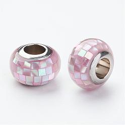 Lavender Blush 304 Stainless Steel Resin European Beads, with Shell and Enamel, Rondelle, Large Hole Beads, Lavender Blush, 12x8mm, Hole: 5mm