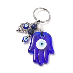 Hamsa Hand Porte-clés en lapis-lazuli naturel et perles d'eau douce, porte-clés mauvais œil, avec 304 accessoires en acier inoxydable, Modèle de main de hamsa, 9.2 cm