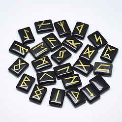 Black Agate Natural Black Agate Cabochons, Rectangle with Runes/Futhark/Futhorc, 20x15x6mm, 25pcs/set