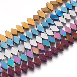 Mixed Color Electroplate Non-magnetic Synthetic Hematite Bead Strands, Frosted, Rhombus, Mixed Color, 6x10x3mm, Hole: 1mm, about 65~66pcs/strand, 15.3 inch~15.7 inch(39~40cm)