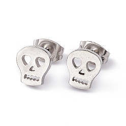 Stainless Steel Color 304 Stainless Steel Tiny Hollow Out Skull Stud Earrings for Women, Stainless Steel Color, 8x7mm, Pin: 0.6mm