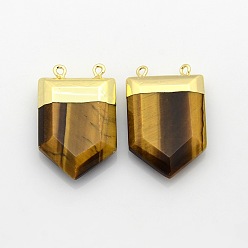 Tiger Eye Gemstone Point Pendants with Golden Tone Brass Findings, Tiger Eye, 28~33x19~21x7mm, Hole: 2mm
