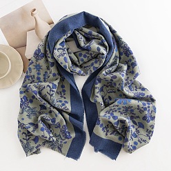Dark Blue Polyester Neck Warmer Scarf, Winter Scarf, Flower Pattern Tassel Wrap Scarf, Dark Blue, 180x69mm