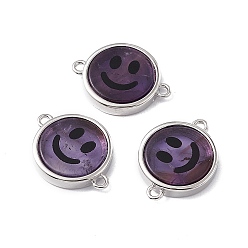 Amethyst Natural Amethyst Connector Charms, Flat Round with Smiling Face Links, with Rack Plating Platinum Tone Brass Findings, Cadmium Free & Lead Free, 15.5x20x3mm, Hole: 1.6mm