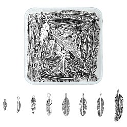 Plata Antigua 100 piezas 10 estilos colgantes de aleación de estilo tibetano, pluma, plata antigua, 14.5~42x5~11x1.5~3.5 mm, agujero: 1~2 mm, 10 piezas / estilo