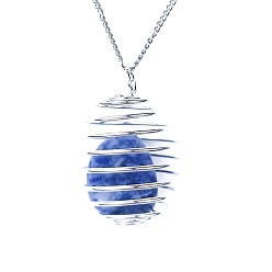 Jaspe Avec Point Bleu Pendentifs lanterne en jaspe bleu naturel, charmes ovales, avec cage en alliage plaqué platine, 30x25mm