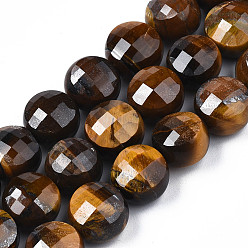 Tiger Eye Natural Tiger Eye Beads Strands, Faceted, Flat Round, 9.5~10.5x7.5mm, Hole: 1~1.2mm, about 38pcs/strand, 14.65 inch(37.2cm)