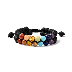 Coloré Bracelet de perles tressées en pierre de lave naturelle et mélange de pierres précieuses, 7 chakra 3 bracelet en couches, colorées, diamètre intérieur: 2~2-3/4 pouce (5.2~7 cm)