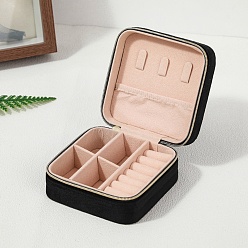 Black Square Velvet Jewelry Set Storage Zipper Box, for Necklace Ring Earring Storage, Black, 10x10x5cm
