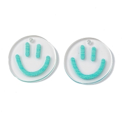 Dark Turquoise Transparent Printed Acrylic Pendants, Flat Round with Smiling Face Charm, Dark Turquoise, 20.5~21x20~21x2mm, Hole: 1.6mm
