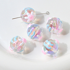 Fleur Perles acryliques transparentes, perles peintes à la main, cahoteuse, ronde, fleur, 16x15mm