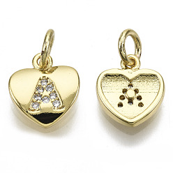 Letter A Brass Micro Pave Clear Cubic Zirconia Charms, with Jump Ring, Heart with Letter, Real 16K Gold Plated, Nickel Free, Letter.A, 10x9x2mm, Jump Ring: 5x1mm, 3mm inner diameter