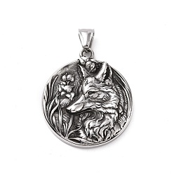 Antique Silver 304 Stainless Steel Pendants, Flat Round with Wolf, Antique Silver, 41x36x5mm, Hole: 5x8.5mm