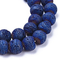 Blue Plated Electroplated Natural Lava Rock Beads Strands, Round, Blue Plated, 9.5~10.5mm, Hole: 1mm, about 40~42pcs/strand, 15.7 inch(40cm)