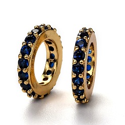 Blue Brass Micro Pave Cubic Zirconia European Beads, Long-Lasting Plated, Real 18K Gold Plated, Large Hole Beads, Ring, Blue, 10x1.8mm, Hole: 6mm