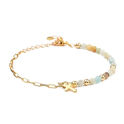 Flower Amazonite Charm Bracelets, with Natural Flower Amazonite Beads, 304 Stainless Steel Cross Charms, Brass Paperclip Chains & Round Beads, 7-5/8 inch(19.3cm)