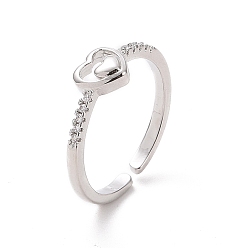 Platinum Clear Cubic Zirconia Double Heart Open Cuff Ring, Brass Jewelry for Women, Platinum, Inner Diameter: 17.2mm