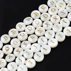 Letter Natural Freshwater Shell Beads, with Golden Enamel, Horizontal Hole, Flat Round with Alphabet, Seashell Color, Letter, 8x3.5~4.5mm, Hole: 0.5mm, about 40pcs/strand, 12.20~12.60inch(31~32cm)