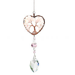 Rose Quartz Big Pendant Decorations, Hanging Sun Catchers, with Rose Quartz Beads and K9 Crystal Glass, Heart with Tree of Life, 35.5cm