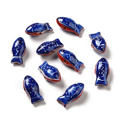 Королевский синий Ручной печатный шарики фарфора, пастельный фарфор, рыба, королевский синий, 11x21.5~22x9 мм, отверстие : 1.5~1.8 мм