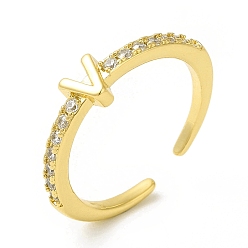 Letter V Clear Cubic Zirconia Initial Letter Open Cuff Ring, Real 18K Gold Plated Brass Jewelry for Women, Cadmium Free & Nickel Free & Lead Free, Letter.V, US Size 7 3/4(17.9mm)