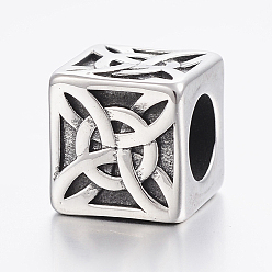 Antique Silver 304 Stainless Steel Beads, Large Hole Beads, Cube, Antique Silver, 13x13x13mm, Hole: 8mm